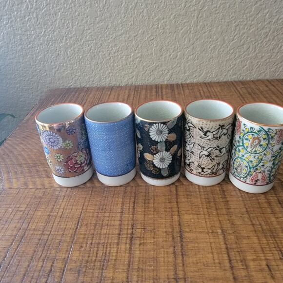 Vintage Japanese Sake Tea Cup Set Japan Handpainted Crane Floral Gold Rim Yunomi - Picture 2 of 10